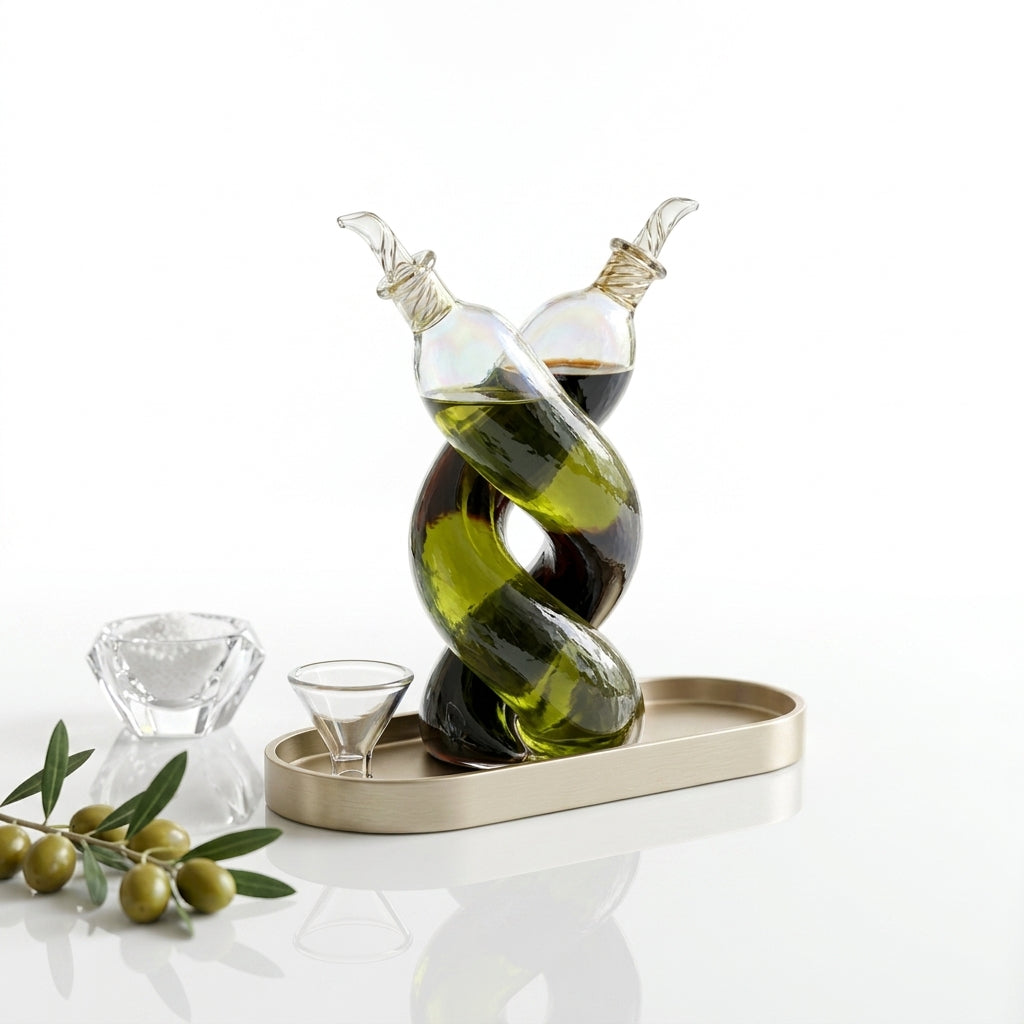 XxouYen™ Helix Glass Oil and Vinegar Dispenser Cruet Set - 2-in-1 Hand-Blown Intertwined Spiral Bottle with Gold Tray & Pouring Funnel - Artistry Dual Liquid Dispenser for Kitchen & Dining Table Decor