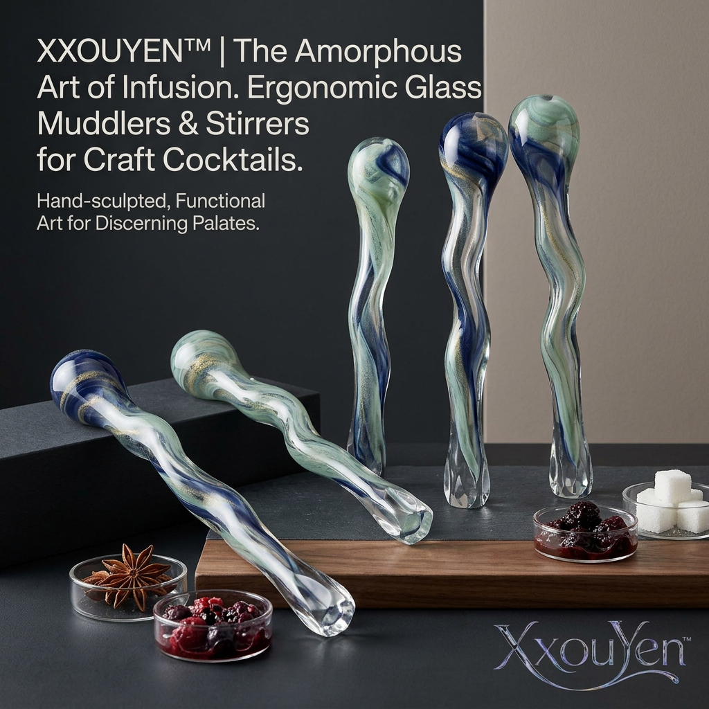 XxouYen™ Hand-Blown Glass Cocktail Stirrers and Muddlers - Ergonomic Art Glass Swizzle Sticks for Craft Drinks, Unique Barware Accessories and Gift Set for Mixology Enthusiasts