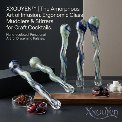 XxouYen™ Hand-Blown Glass Cocktail Stirrers and Muddlers - Ergonomic Art Glass Swizzle Sticks for Craft Drinks, Unique Barware Accessories and Gift Set for Mixology Enthusiasts