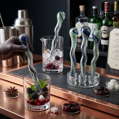 XxouYen™ Hand-Blown Glass Cocktail Stirrers and Muddlers - Ergonomic Art Glass Swizzle Sticks for Craft Drinks, Unique Barware Accessories and Gift Set for Mixology Enthusiasts