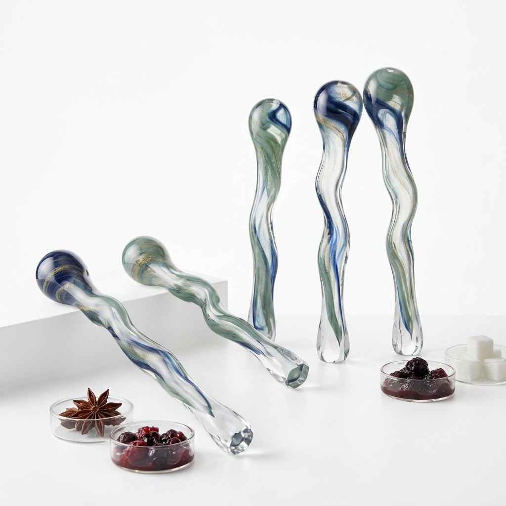 XxouYen™ Hand-Blown Glass Cocktail Stirrers and Muddlers - Ergonomic Art Glass Swizzle Sticks for Craft Drinks, Unique Barware Accessories and Gift Set for Mixology Enthusiasts