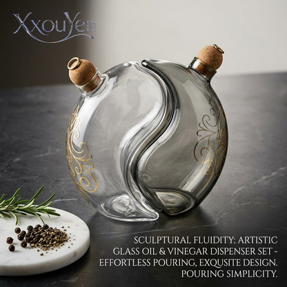 XxouYen™ Yin Yang Glass Oil and Vinegar Dispenser Set - Artistic Dual Cruet Bottles with Cork Stoppers & Gold Filigree, Decorative Olive Oil and Balsamic Vinegar Dispenser for Kitchen & Dining Table, 2-Piece Set