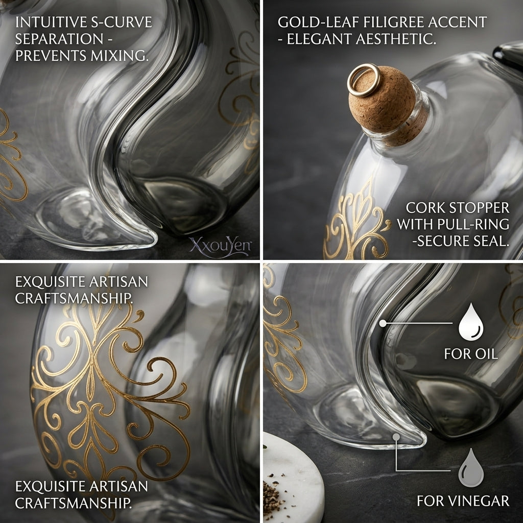 XxouYen™ Yin Yang Glass Oil and Vinegar Dispenser Set - Artistic Dual Cruet Bottles with Cork Stoppers & Gold Filigree, Decorative Olive Oil and Balsamic Vinegar Dispenser for Kitchen & Dining Table, 2-Piece Set
