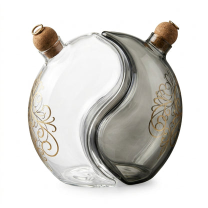 XxouYen™ Yin Yang Glass Oil and Vinegar Dispenser Set - Artistic Dual Cruet Bottles with Cork Stoppers & Gold Filigree, Decorative Olive Oil and Balsamic Vinegar Dispenser for Kitchen & Dining Table, 2-Piece Set