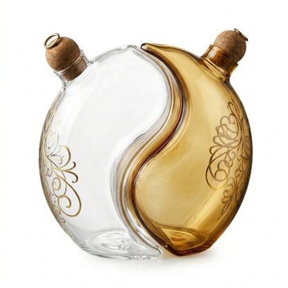 XxouYen™ Yin Yang Glass Oil and Vinegar Dispenser Set - Artistic Dual Cruet Bottles with Cork Stoppers & Gold Filigree, Decorative Olive Oil and Balsamic Vinegar Dispenser for Kitchen & Dining Table, 2-Piece Set