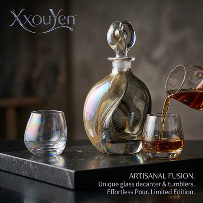 XxouYen™ Luxury Hand-Blown Whiskey Decanter and Glass Set - Iridescent Glass Liquor Carafe with Matching Tumblers, Artisanal Bourbon Scotch Barware Gift Set, Limited Edition