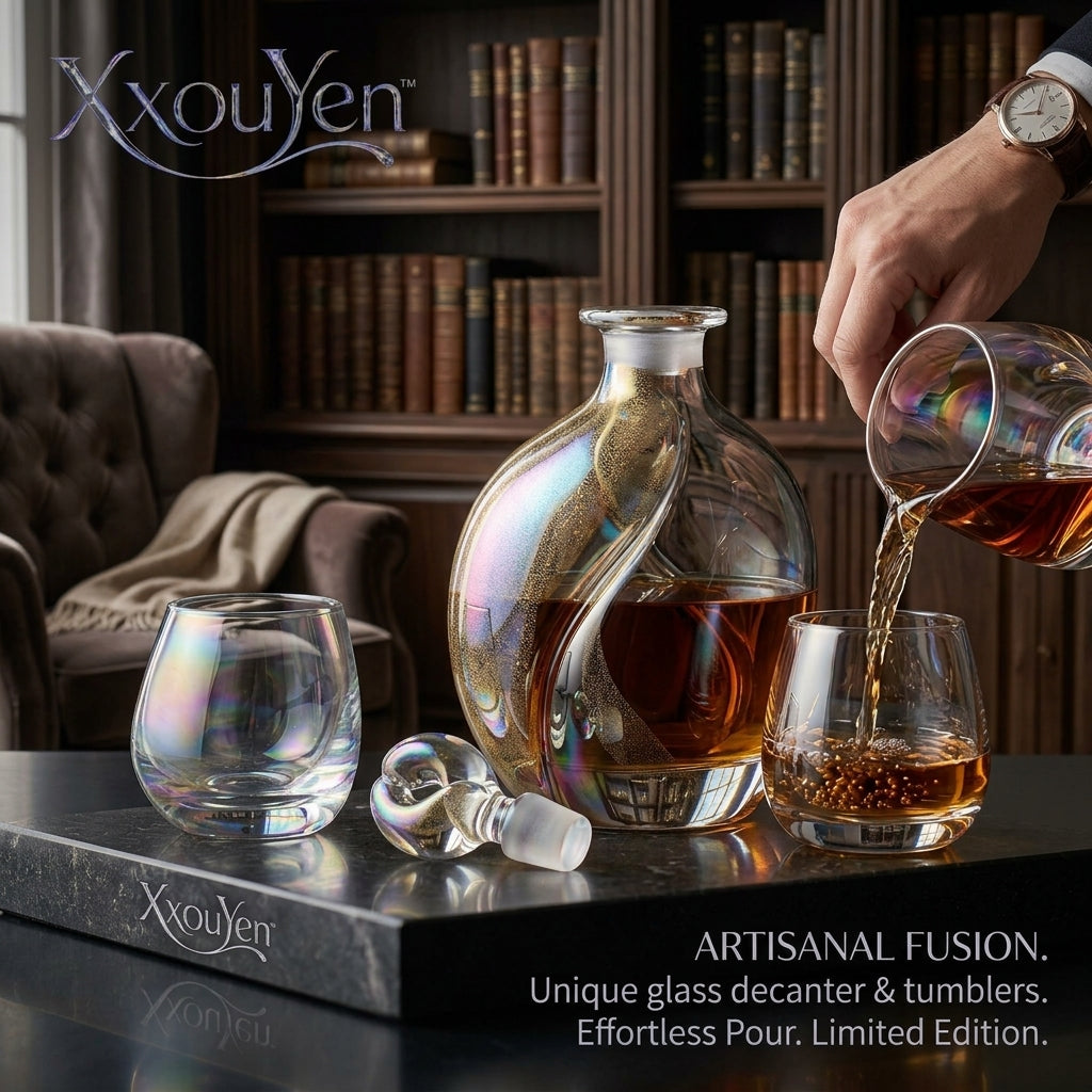XxouYen™ Luxury Hand-Blown Whiskey Decanter and Glass Set - Iridescent Glass Liquor Carafe with Matching Tumblers, Artisanal Bourbon Scotch Barware Gift Set, Limited Edition