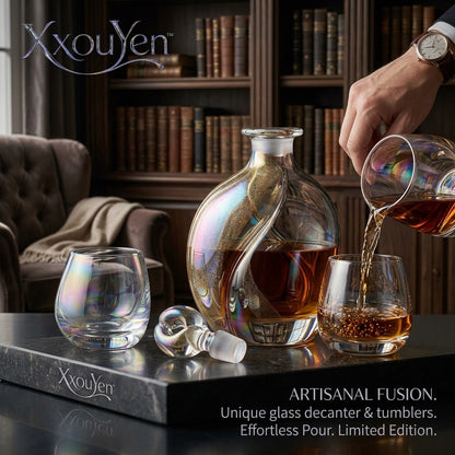 XxouYen™ Luxury Hand-Blown Whiskey Decanter and Glass Set - Iridescent Glass Liquor Carafe with Matching Tumblers, Artisanal Bourbon Scotch Barware Gift Set, Limited Edition