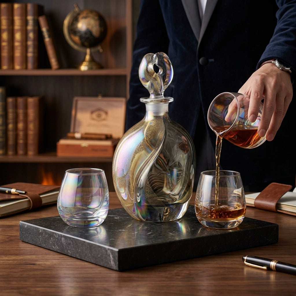 XxouYen™ Luxury Hand-Blown Whiskey Decanter and Glass Set - Iridescent Glass Liquor Carafe with Matching Tumblers, Artisanal Bourbon Scotch Barware Gift Set, Limited Edition