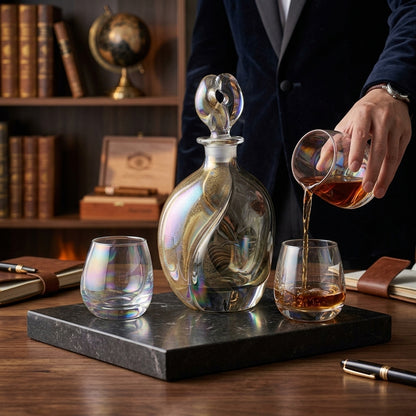 XxouYen™ Luxury Hand-Blown Whiskey Decanter and Glass Set - Iridescent Glass Liquor Carafe with Matching Tumblers, Artisanal Bourbon Scotch Barware Gift Set, Limited Edition