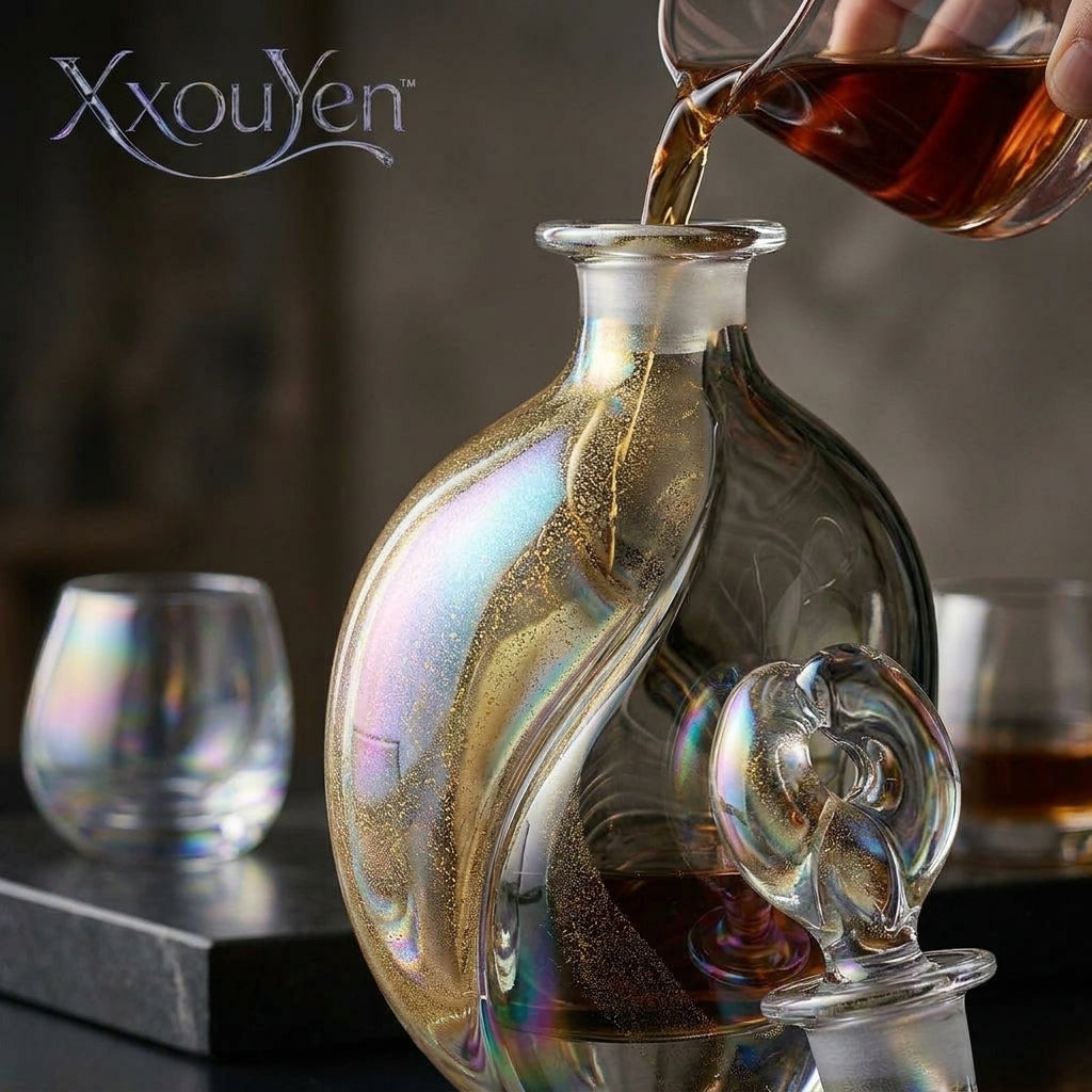 XxouYen™ Luxury Hand-Blown Whiskey Decanter and Glass Set - Iridescent Glass Liquor Carafe with Matching Tumblers, Artisanal Bourbon Scotch Barware Gift Set, Limited Edition