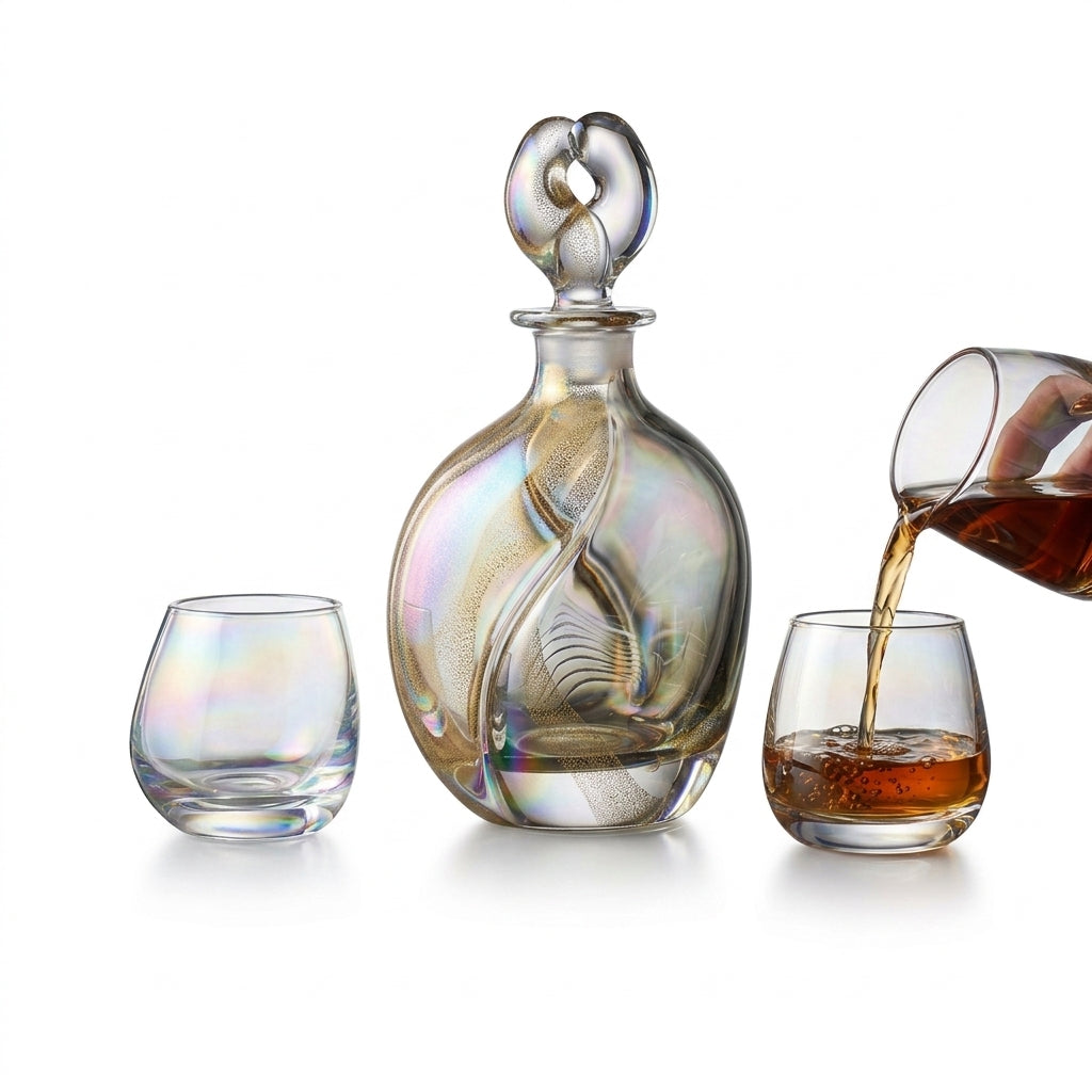 XxouYen™ Luxury Hand-Blown Whiskey Decanter and Glass Set - Iridescent Glass Liquor Carafe with Matching Tumblers, Artisanal Bourbon Scotch Barware Gift Set, Limited Edition