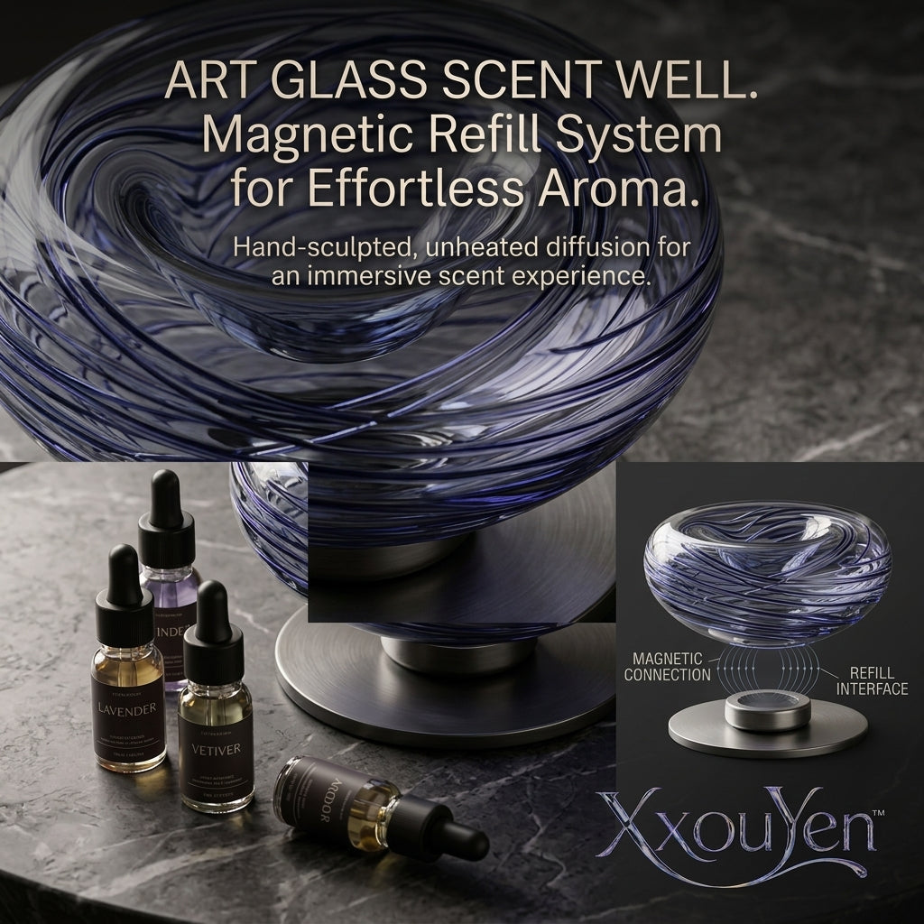 XxouYen™ Art Glass Scent Well - Passive Essential Oil Diffuser with Magnetic Refill System | Hand-Sculpted Waterless & Unheated Aromatherapy Diffuser for Home, Office, and Luxury Decor