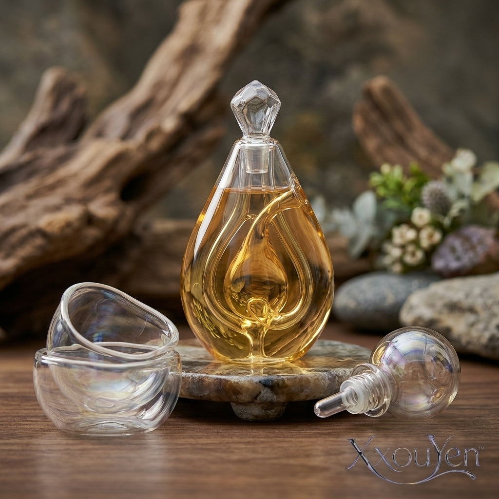 XxouYen™ Hand-Blown Glass Aromatic Sculptural Pod - Luxury Essential Oil Diffuser & Aromatherapy Ritual Set, Artistic Double-Walled Glass Oil Dispenser with Iridescent Serving Bowls for Mindful Meditation & Home Decor