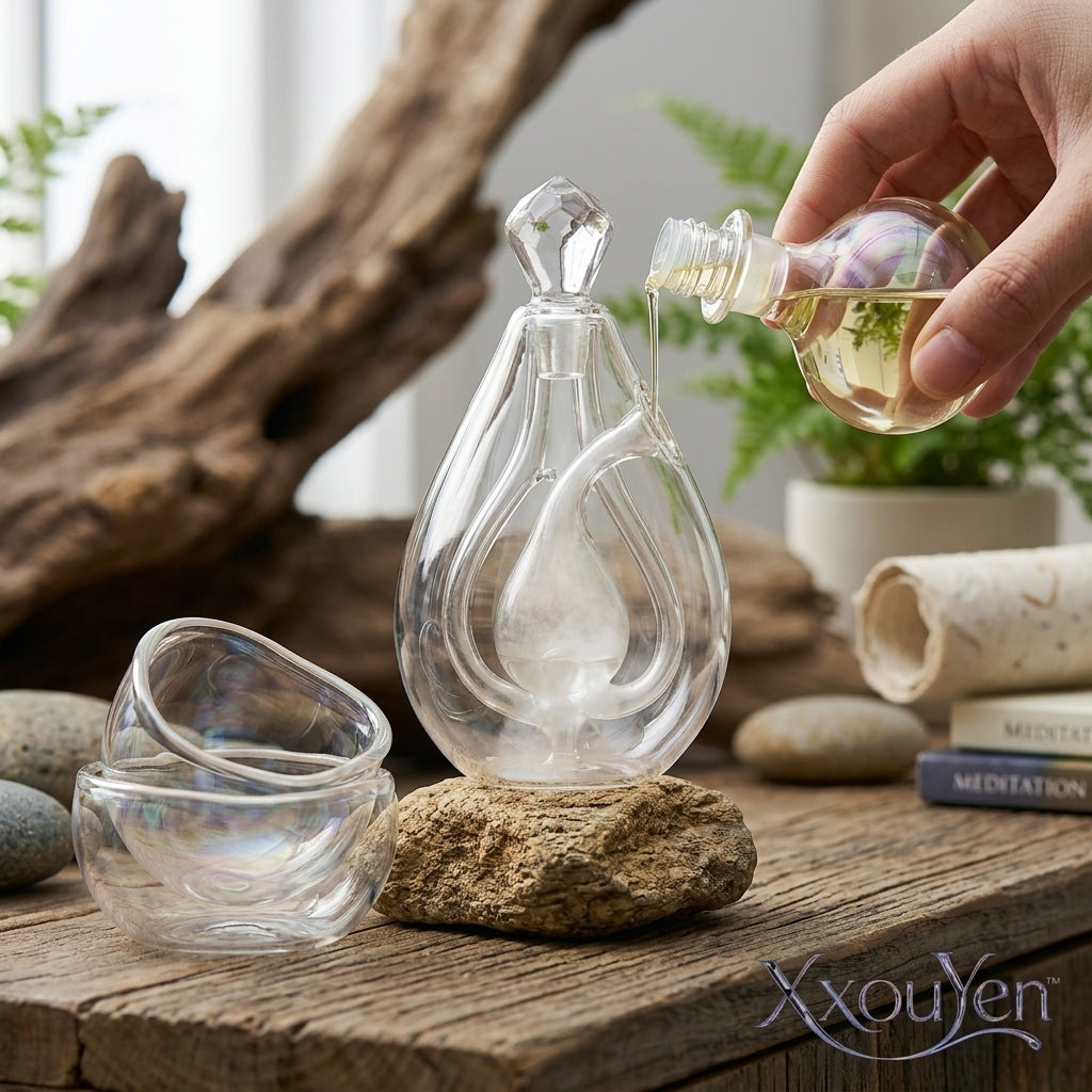 XxouYen™ Hand-Blown Glass Aromatic Sculptural Pod - Luxury Essential Oil Diffuser & Aromatherapy Ritual Set, Artistic Double-Walled Glass Oil Dispenser with Iridescent Serving Bowls for Mindful Meditation & Home Decor
