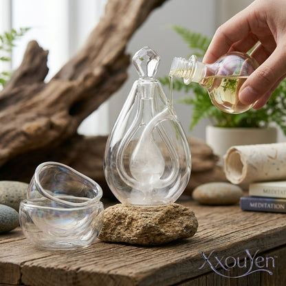 XxouYen™ Hand-Blown Glass Aromatic Sculptural Pod - Luxury Essential Oil Diffuser & Aromatherapy Ritual Set, Artistic Double-Walled Glass Oil Dispenser with Iridescent Serving Bowls for Mindful Meditation & Home Decor