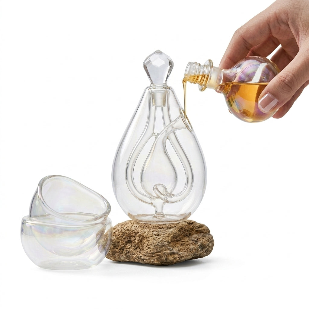 XxouYen™ Hand-Blown Glass Aromatic Sculptural Pod - Luxury Essential Oil Diffuser & Aromatherapy Ritual Set, Artistic Double-Walled Glass Oil Dispenser with Iridescent Serving Bowls for Mindful Meditation & Home Decor