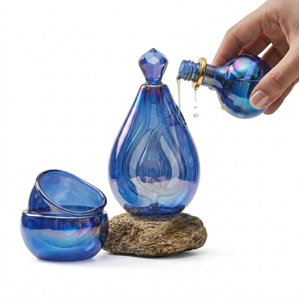 XxouYen™ Hand-Blown Glass Aromatic Sculptural Pod - Luxury Essential Oil Diffuser & Aromatherapy Ritual Set, Artistic Double-Walled Glass Oil Dispenser with Iridescent Serving Bowls for Mindful Meditation & Home Decor