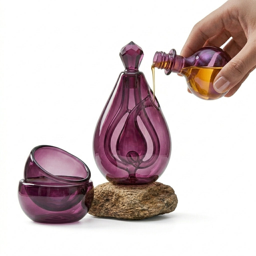 XxouYen™ Hand-Blown Glass Aromatic Sculptural Pod - Luxury Essential Oil Diffuser & Aromatherapy Ritual Set, Artistic Double-Walled Glass Oil Dispenser with Iridescent Serving Bowls for Mindful Meditation & Home Decor
