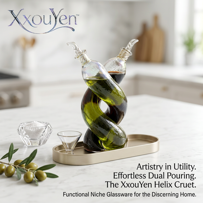 XxouYen™ Helix Glass Oil and Vinegar Dispenser Cruet Set - 2-in-1 Hand-Blown Intertwined Spiral Bottle with Gold Tray & Pouring Funnel - Artistry Dual Liquid Dispenser for Kitchen & Dining Table Decor