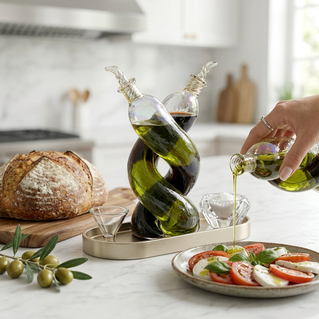 XxouYen™ Helix Glass Oil and Vinegar Dispenser Cruet Set - 2-in-1 Hand-Blown Intertwined Spiral Bottle with Gold Tray & Pouring Funnel - Artistry Dual Liquid Dispenser for Kitchen & Dining Table Decor