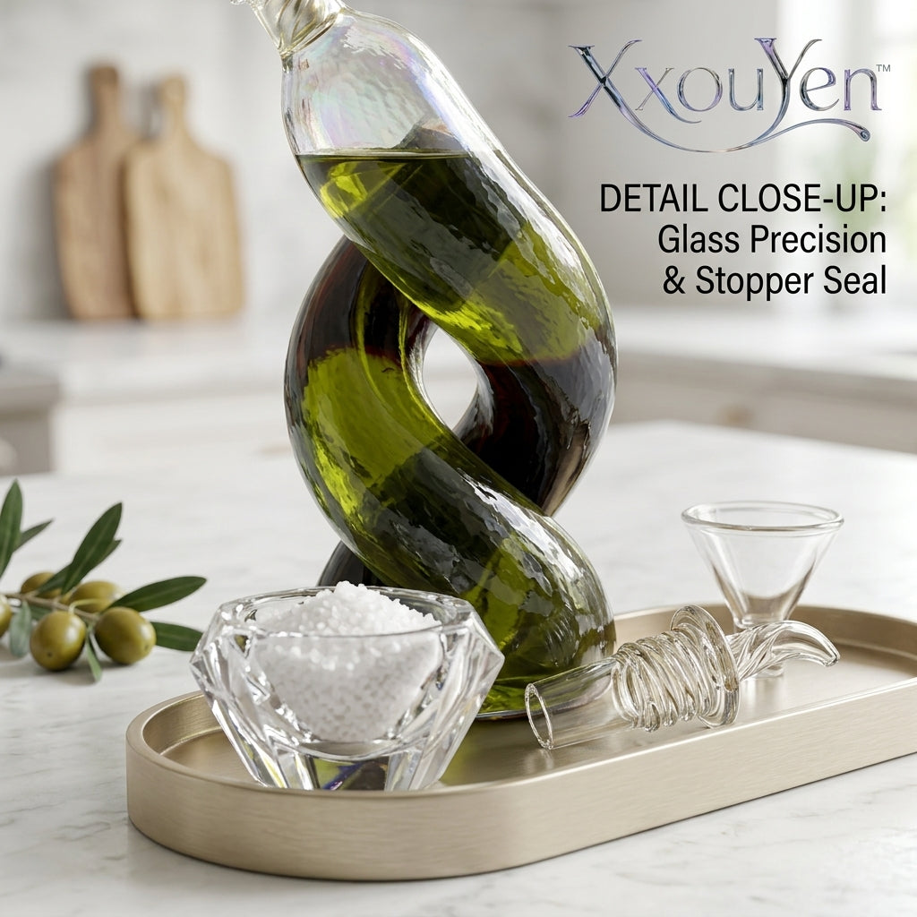 XxouYen™ Helix Glass Oil and Vinegar Dispenser Cruet Set - 2-in-1 Hand-Blown Intertwined Spiral Bottle with Gold Tray & Pouring Funnel - Artistry Dual Liquid Dispenser for Kitchen & Dining Table Decor