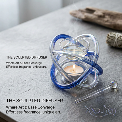 XxouYen™ Hand Blown Art Glass Essential Oil Burner - Sculpted Tealight Wax Melt Warmer, Modern Aromatherapy Diffuser for Home Decor & Relaxation with Glass Stirring Wand
