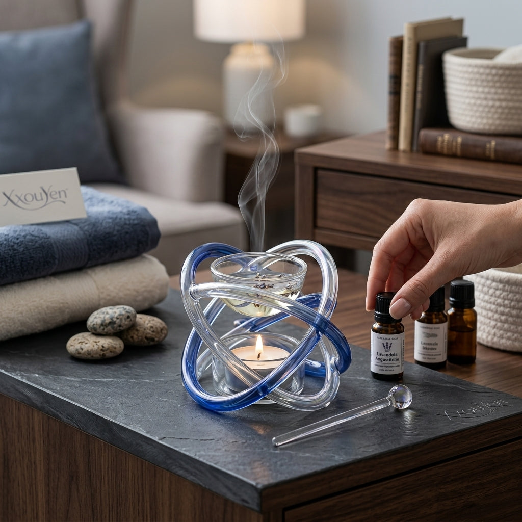 XxouYen™ Hand Blown Art Glass Essential Oil Burner - Sculpted Tealight Wax Melt Warmer, Modern Aromatherapy Diffuser for Home Decor & Relaxation with Glass Stirring Wand