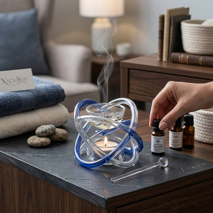 XxouYen™ Hand Blown Art Glass Essential Oil Burner - Sculpted Tealight Wax Melt Warmer, Modern Aromatherapy Diffuser for Home Decor & Relaxation with Glass Stirring Wand