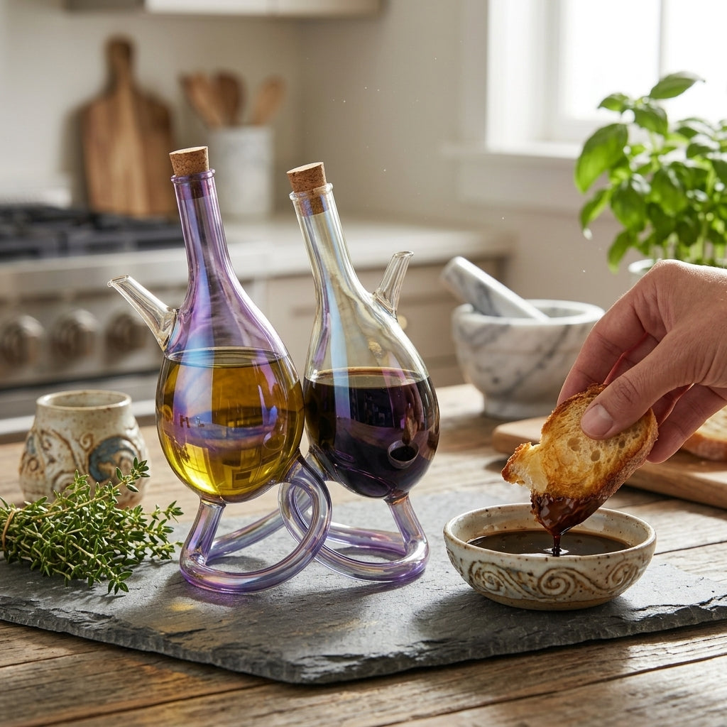 XxouYen™ Iridescent Glass Oil and Vinegar Dispenser Set - Elegant Hand-blown Borosilicate Glass Cruet Bottles with Cork Stoppers, Decorative Olive Oil Dispenser & Soy Sauce Pourer for Modern Kitchen & Tabletop Decor