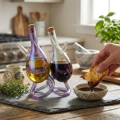 XxouYen™ Iridescent Glass Oil and Vinegar Dispenser Set - Elegant Hand-blown Borosilicate Glass Cruet Bottles with Cork Stoppers, Decorative Olive Oil Dispenser & Soy Sauce Pourer for Modern Kitchen & Tabletop Decor