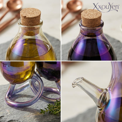 XxouYen™ Iridescent Glass Oil and Vinegar Dispenser Set - Elegant Hand-blown Borosilicate Glass Cruet Bottles with Cork Stoppers, Decorative Olive Oil Dispenser & Soy Sauce Pourer for Modern Kitchen & Tabletop Decor