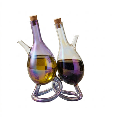XxouYen™ Iridescent Glass Oil and Vinegar Dispenser Set - Elegant Hand-blown Borosilicate Glass Cruet Bottles with Cork Stoppers, Decorative Olive Oil Dispenser & Soy Sauce Pourer for Modern Kitchen & Tabletop Decor